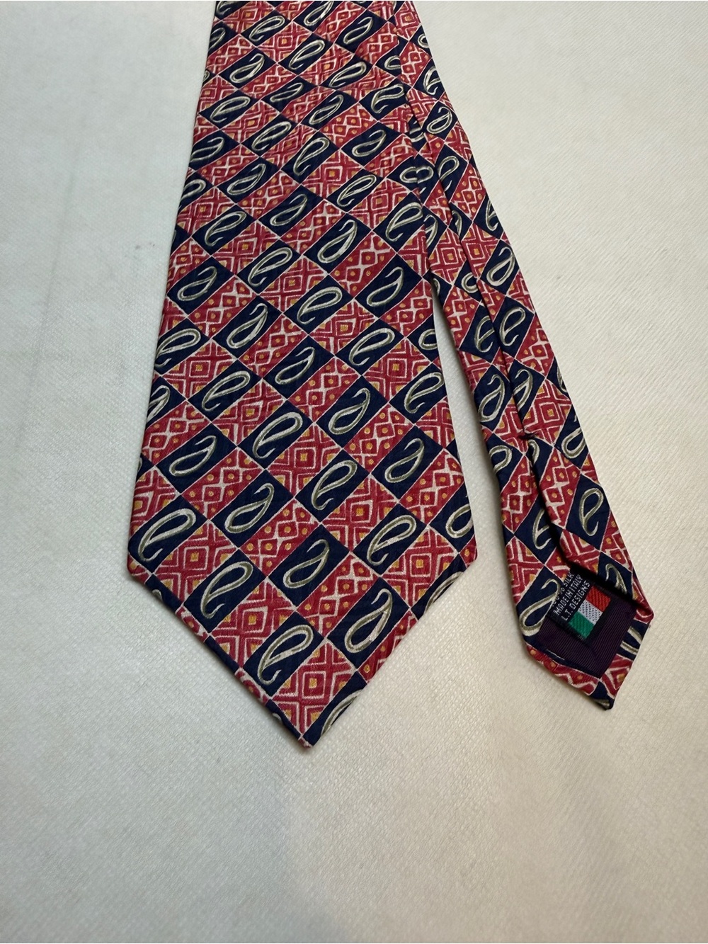 Van Heusen Red and Navy Geometric Silk Tie Made in Italy